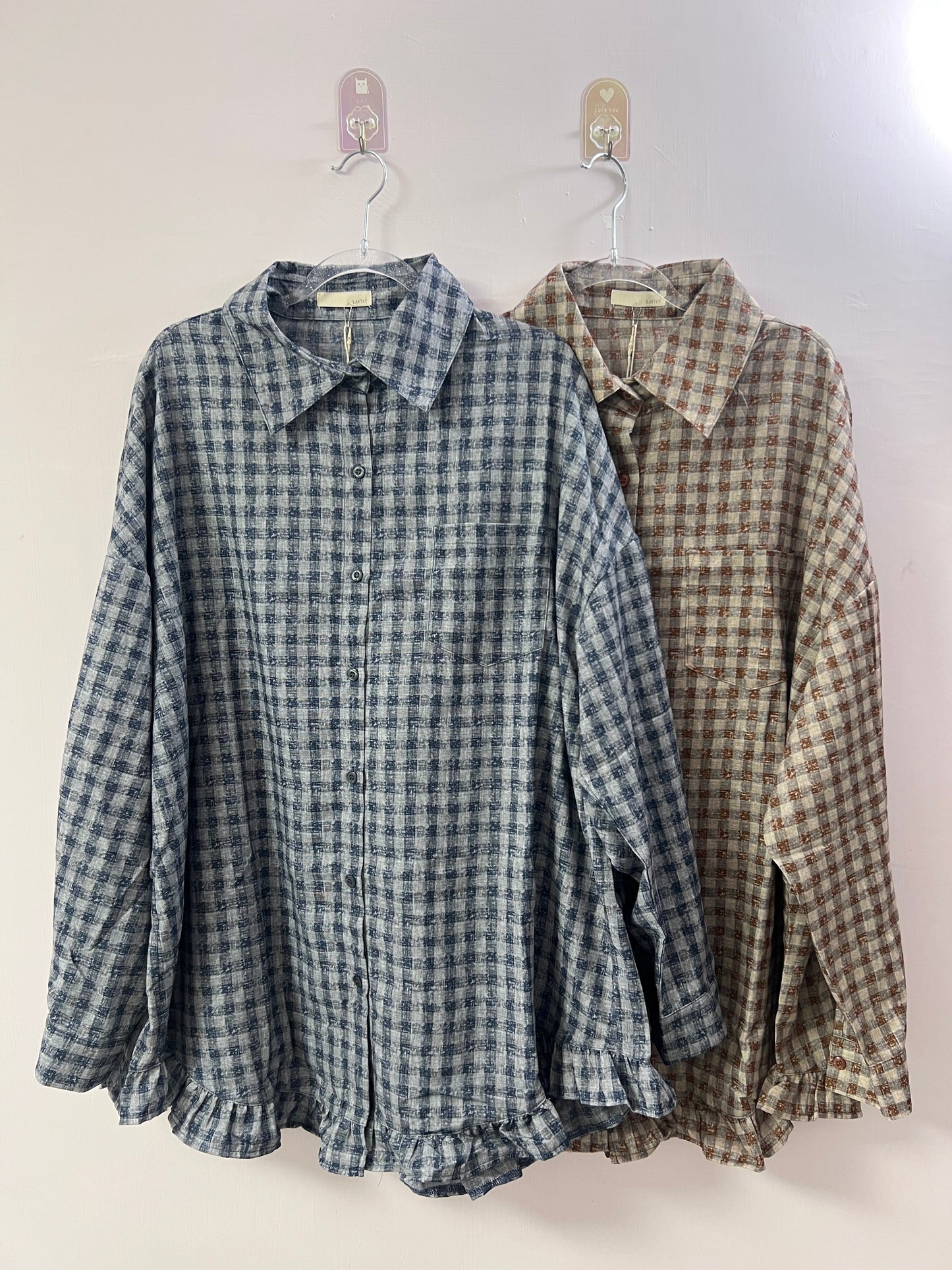 復古格紋ruffle襯衫 兩色入￼￼￼￼