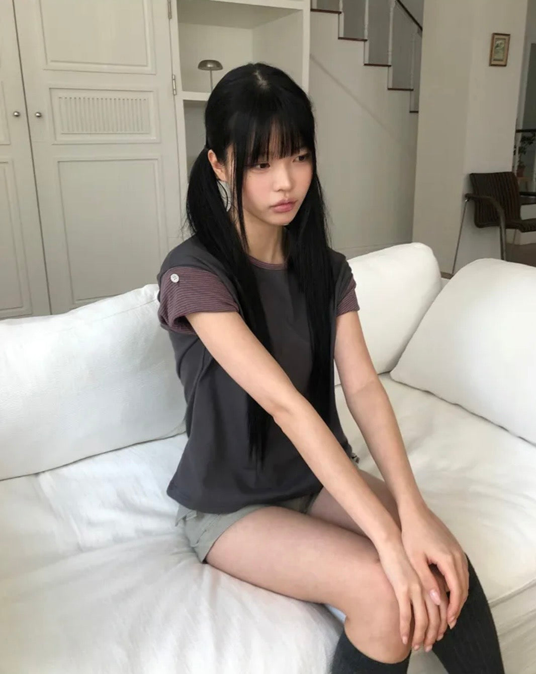 7月韓貨預訂95折಄撞色條紋翻袖短袖Tee 三色入