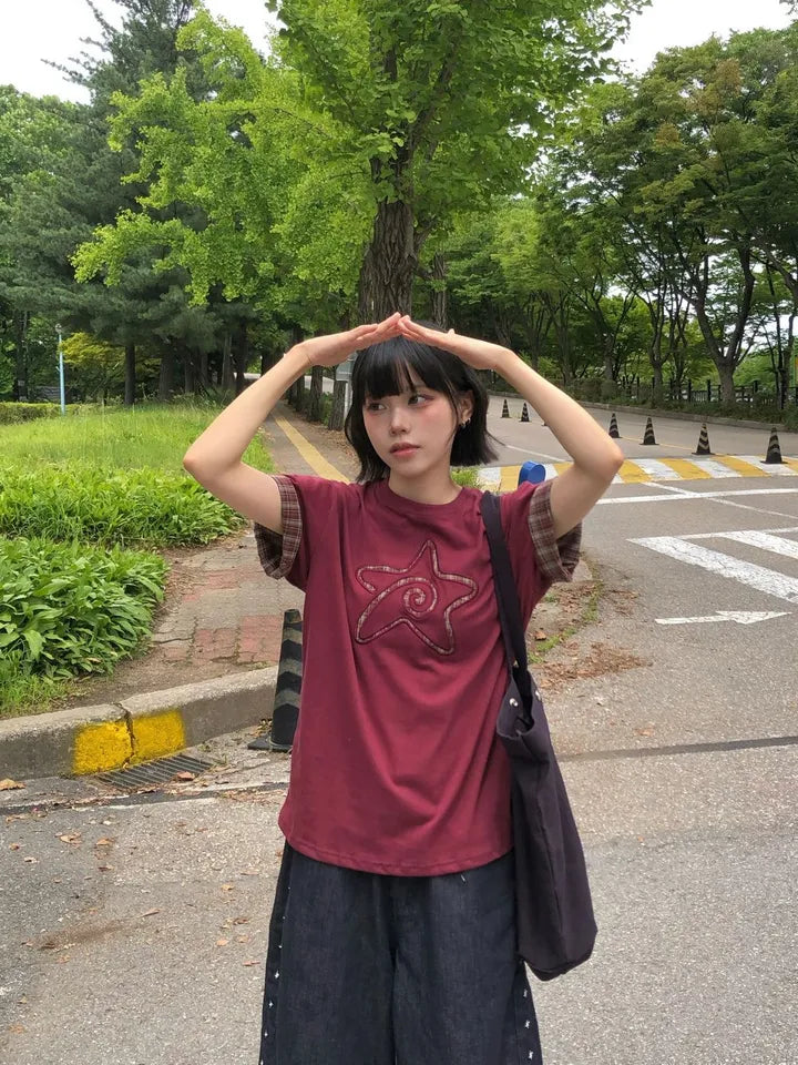 7月韓貨預訂95折಄格紋星星短袖Tee 五色入