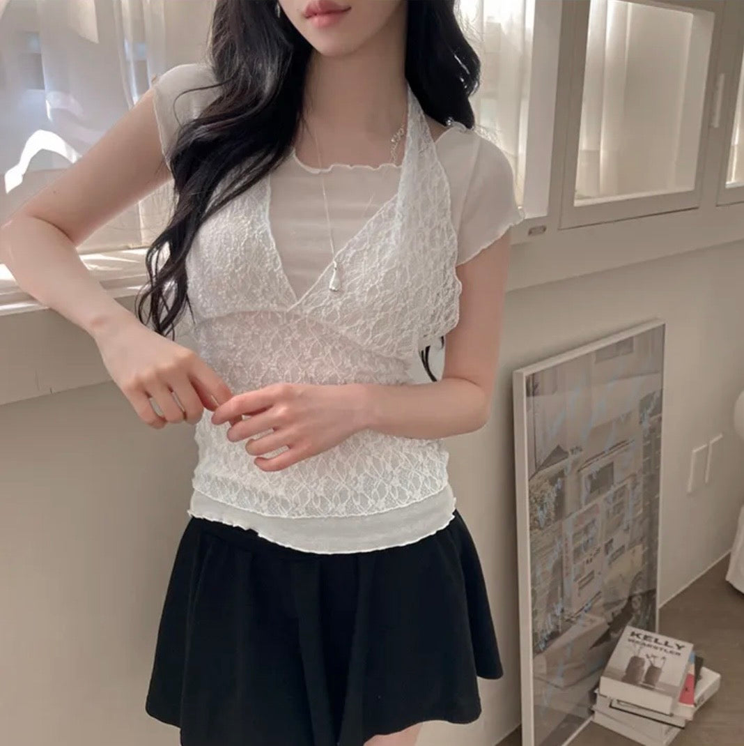 Lace V領短袖兩件set 三色入