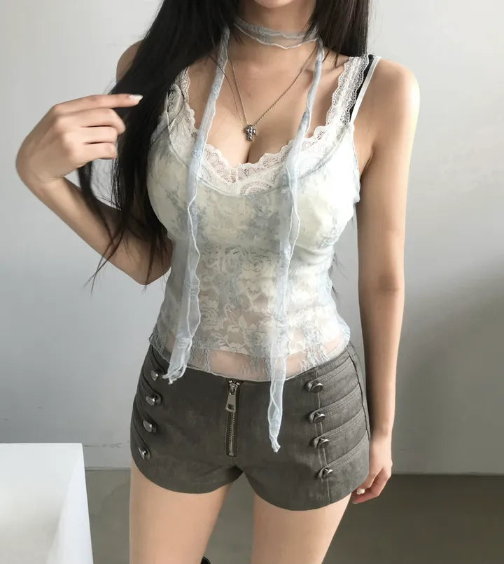 碎花蕾絲飄帶吊帶 兩色入