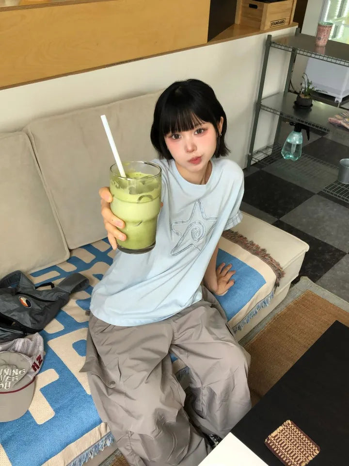 7月韓貨預訂95折಄格紋星星短袖Tee 五色入