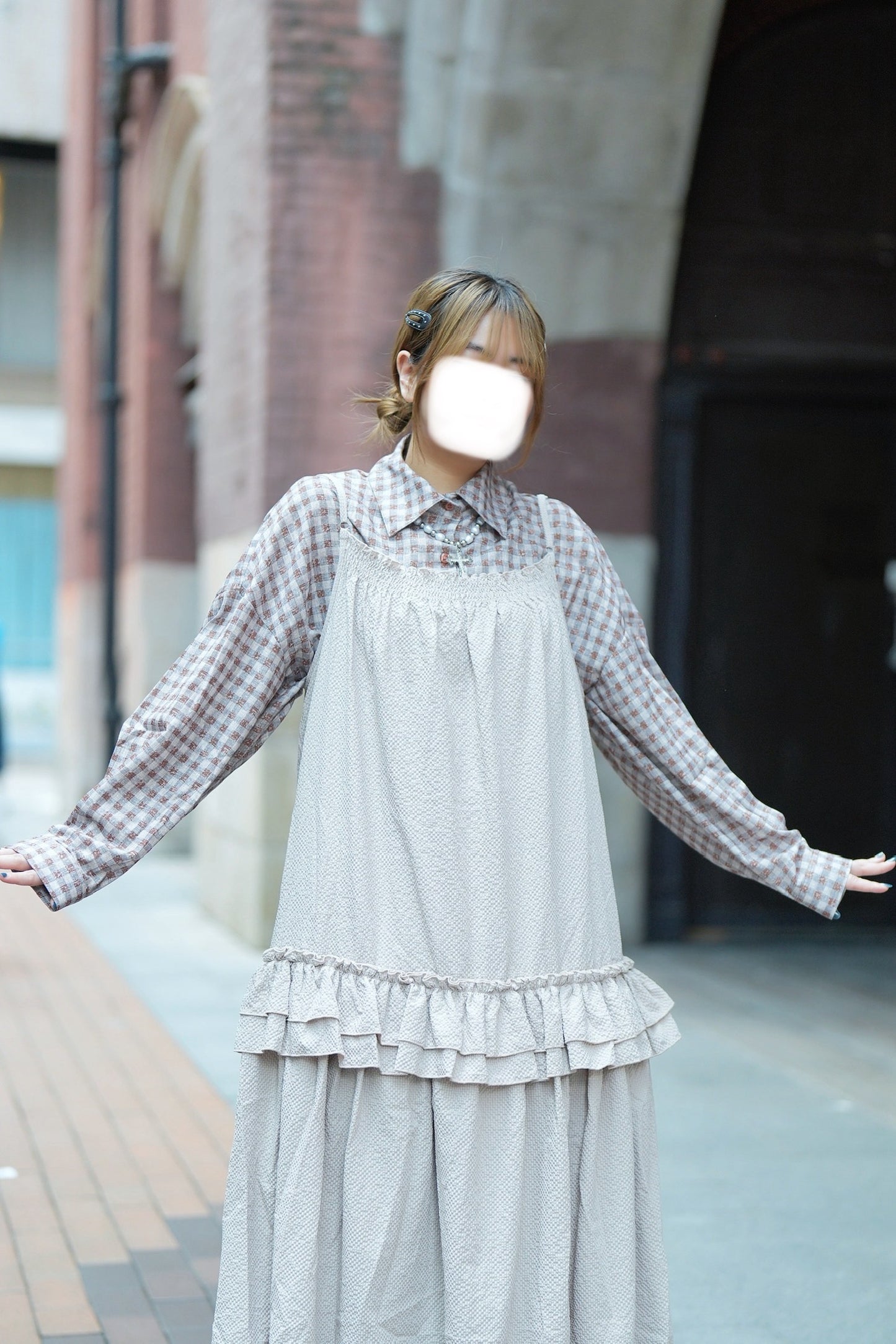 復古格紋ruffle襯衫 兩色入￼￼￼￼