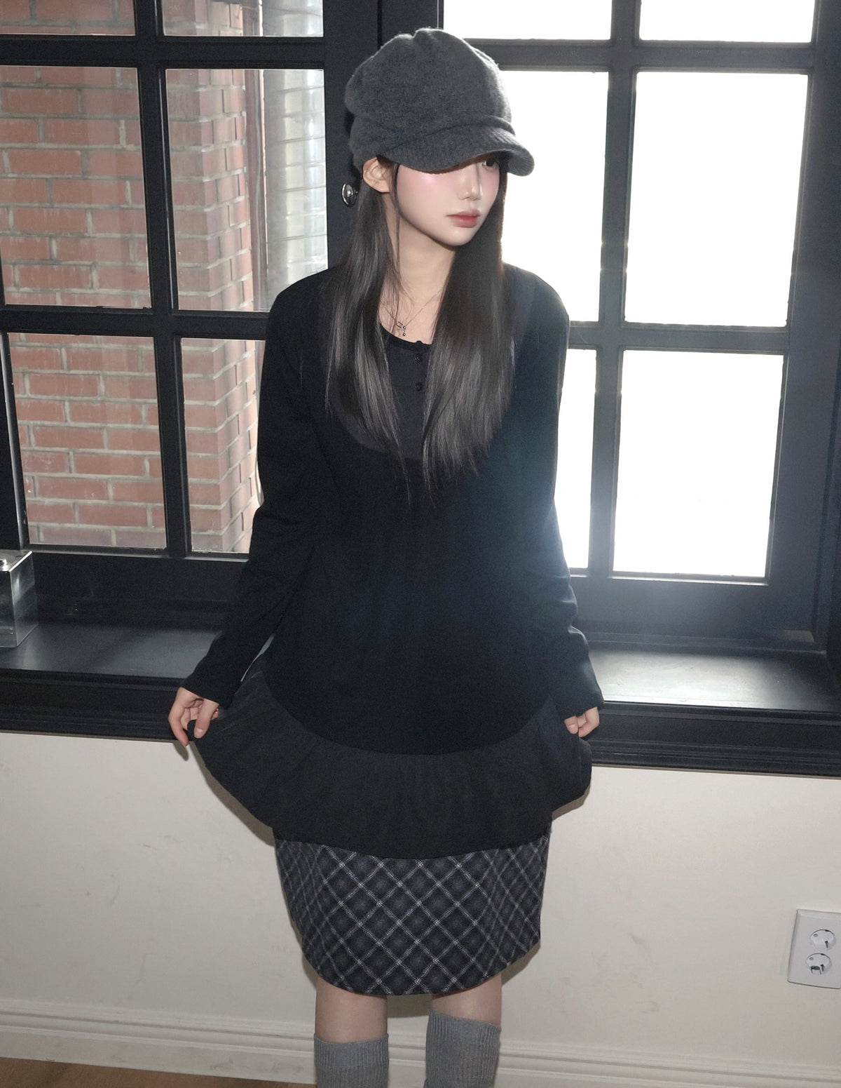 拼色娃娃擺長袖Top 兩色入
