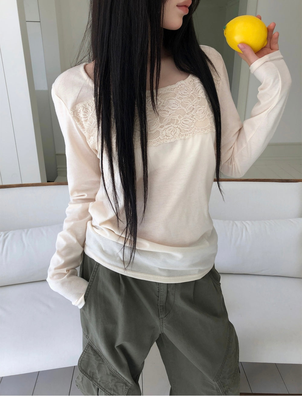 方領蕾絲拼接長袖 四色入