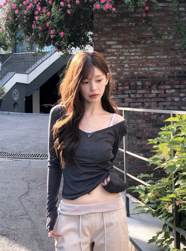 U領透透長袖Top 十三色入