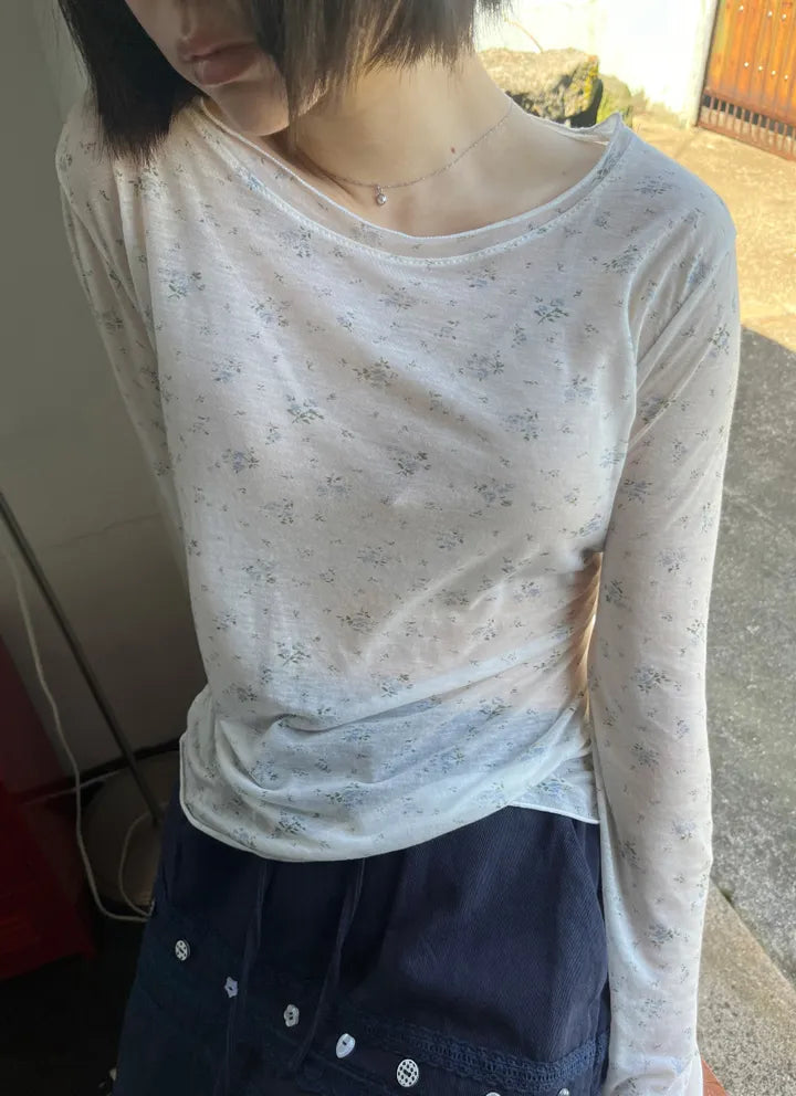 碎花透透薄長袖