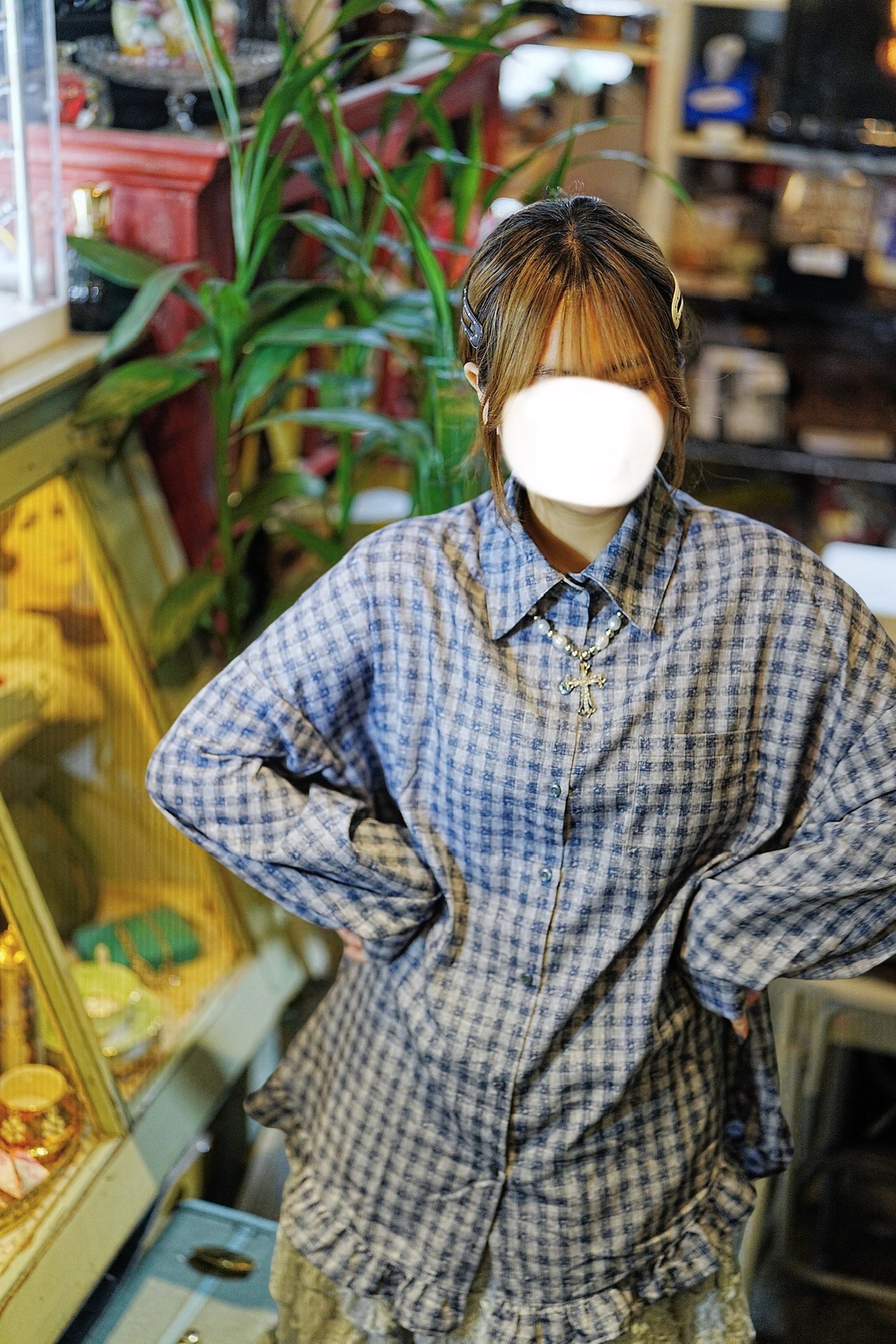 復古格紋ruffle襯衫 兩色入￼￼￼￼