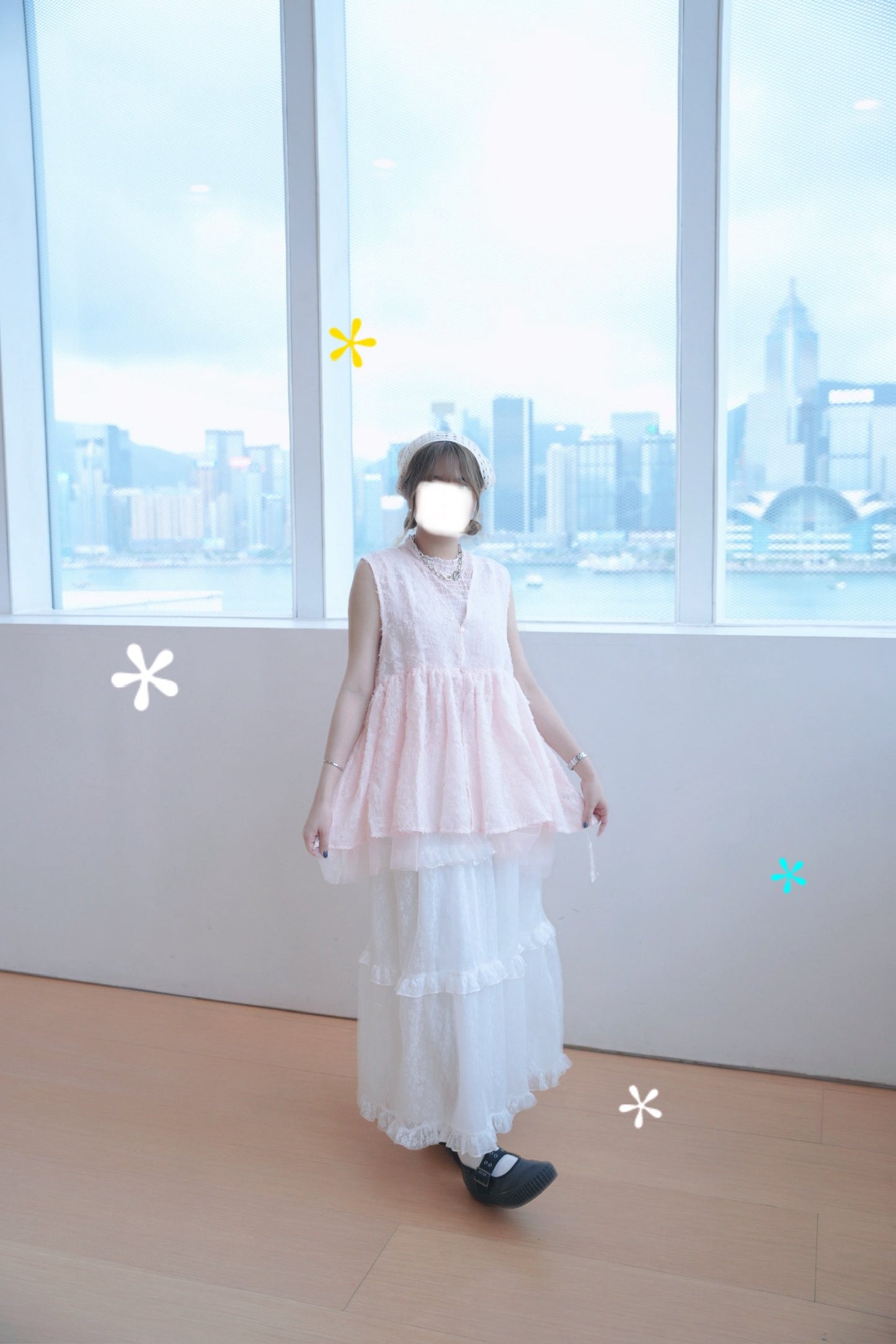 羽毛暗花拼紗外搭 三色入
