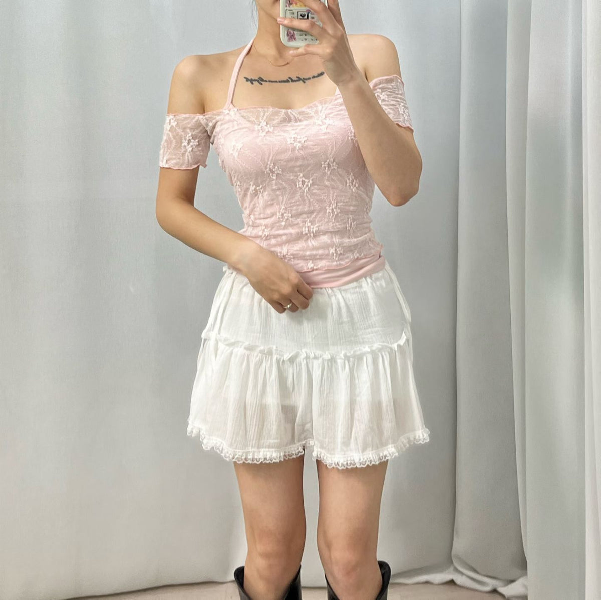 Lace花紋透兩件set 三色入