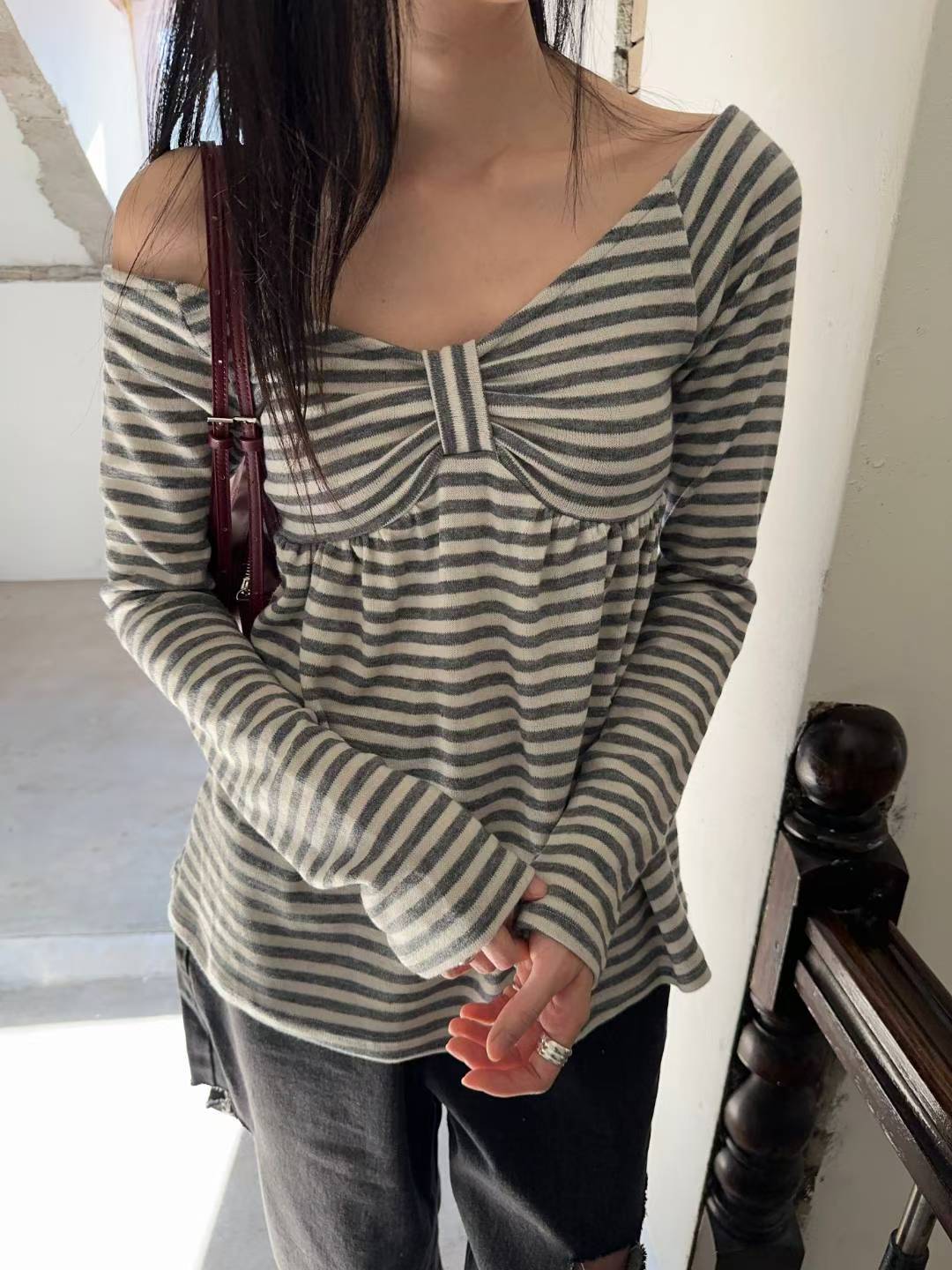 橫間條紋蝴蝶結Top 三色入