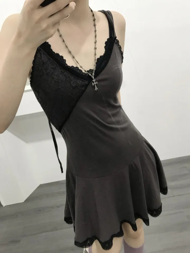 Lace拼布吊帶短裙 三色入