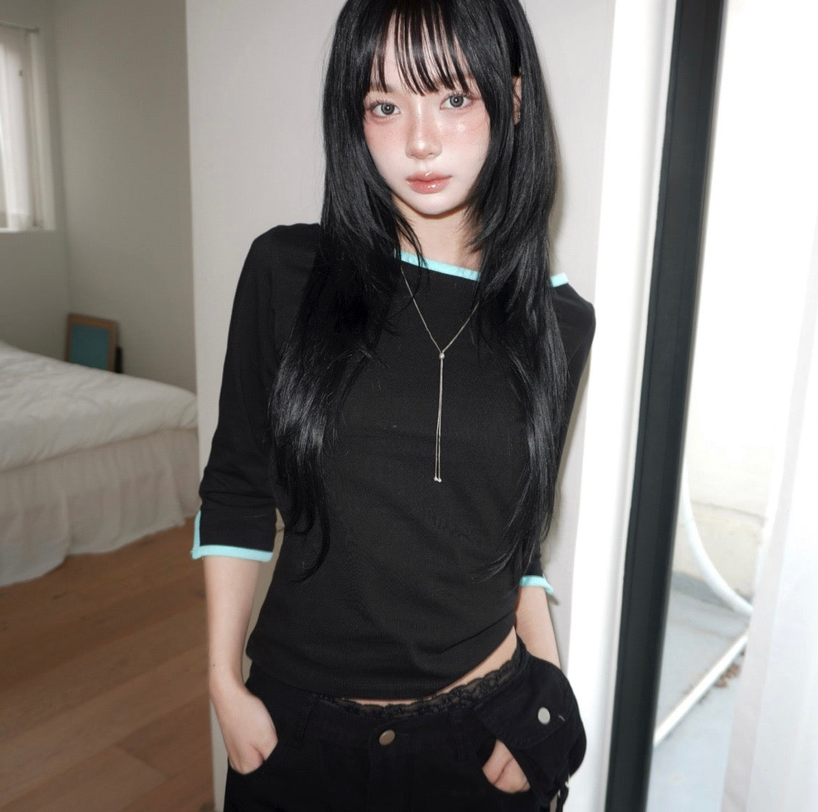 韓牌自家製3/4袖拼色Top 四色入