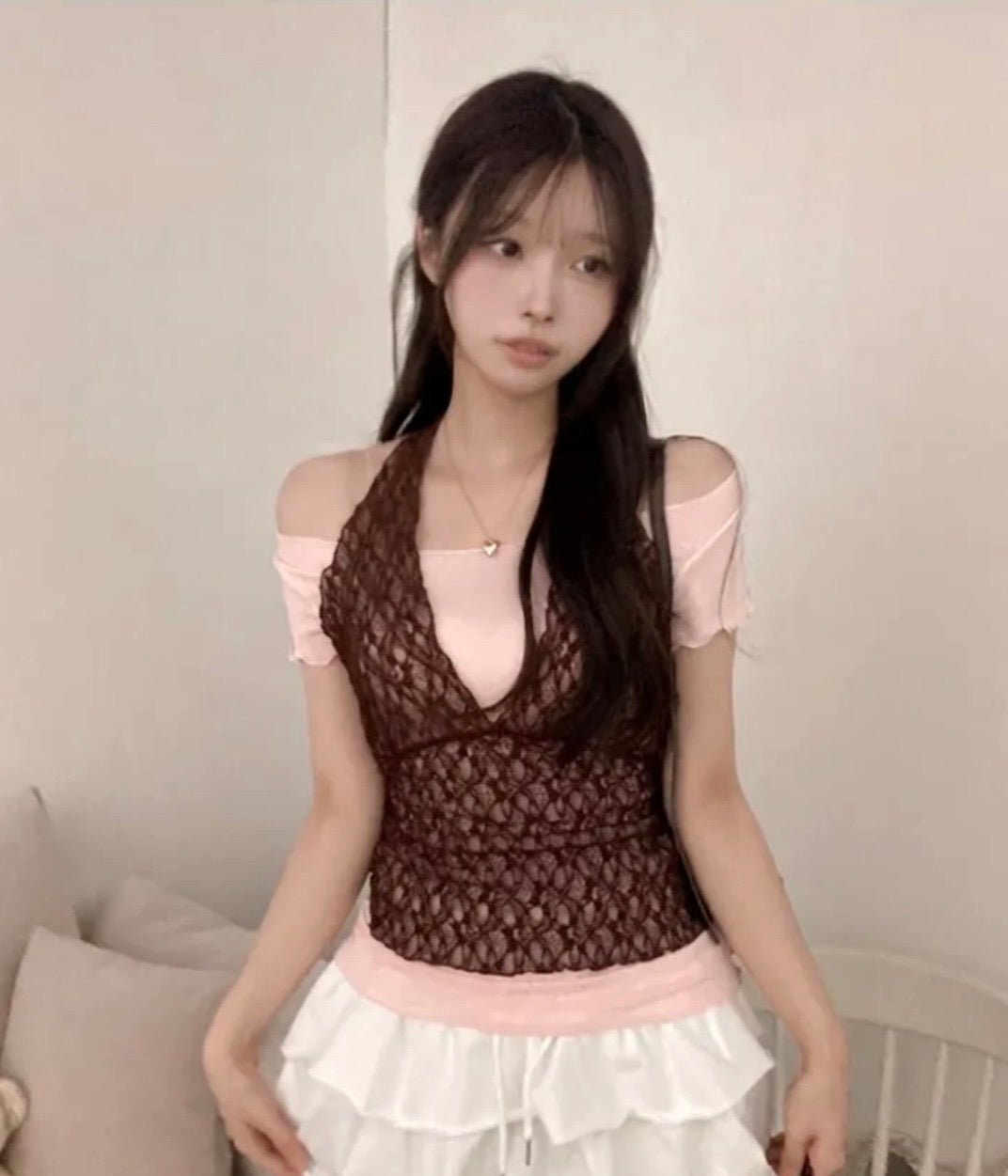 Lace V領短袖兩件set 三色入