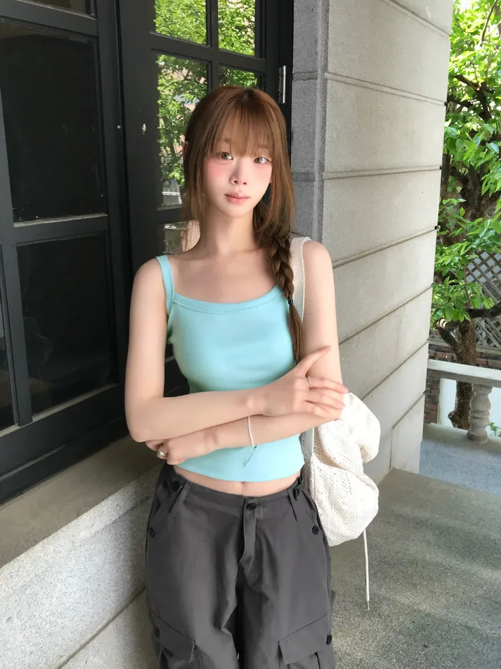 7月韓貨預訂95折಄ Basic方領坑紋小吊帶 十色入