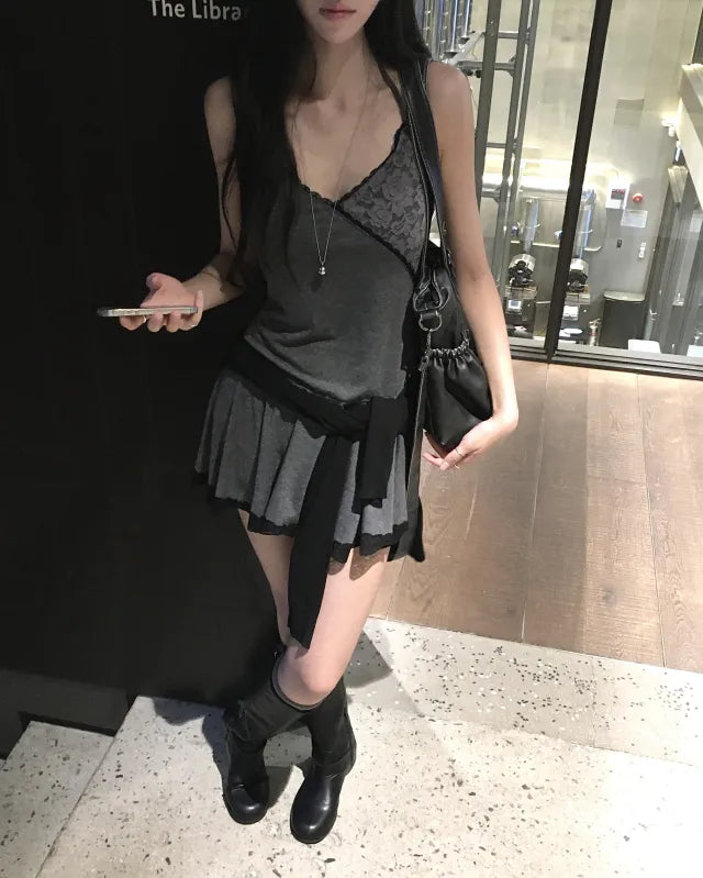 Lace拼布吊帶短裙 三色入