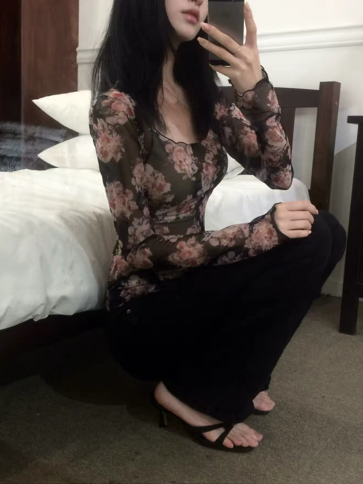 碎花方領網紗Top 兩色入