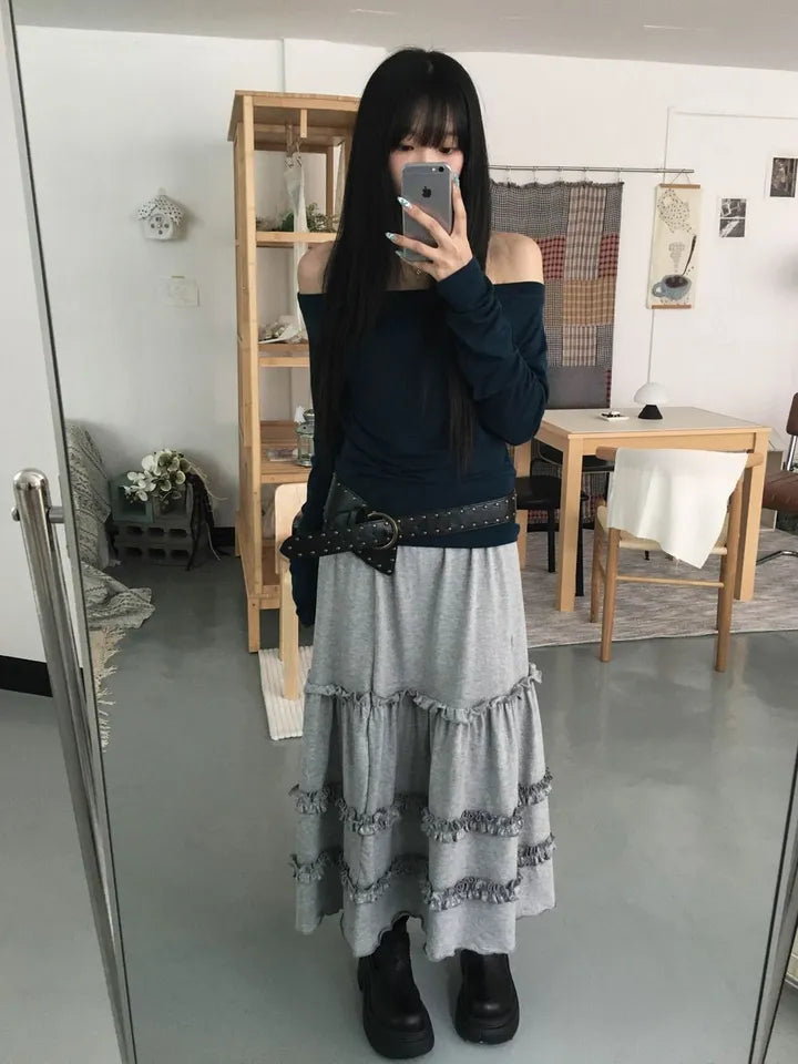 碎花木耳層層長裙 四色入