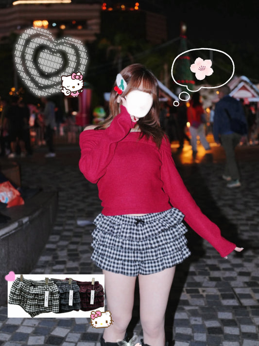 蝴蝶結格仔layer短裙褲 三色入￼