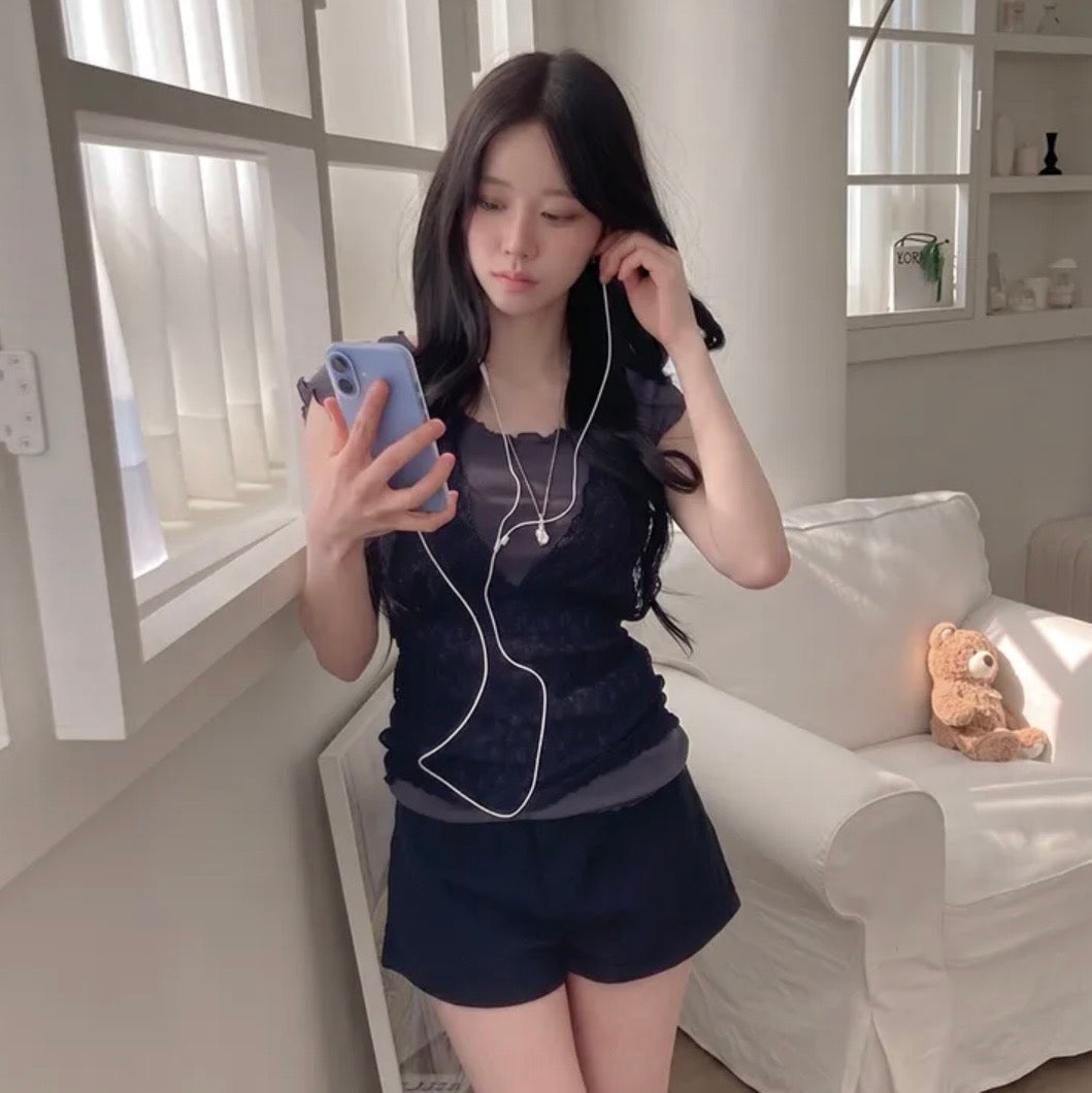 Lace V領短袖兩件set 三色入