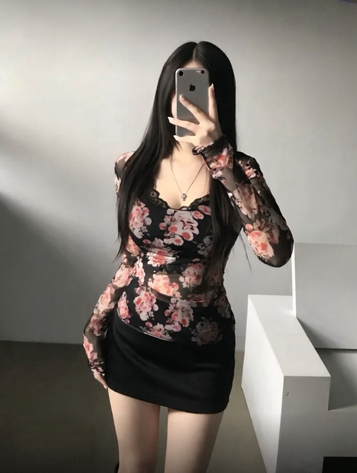碎花方領網紗Top 兩色入