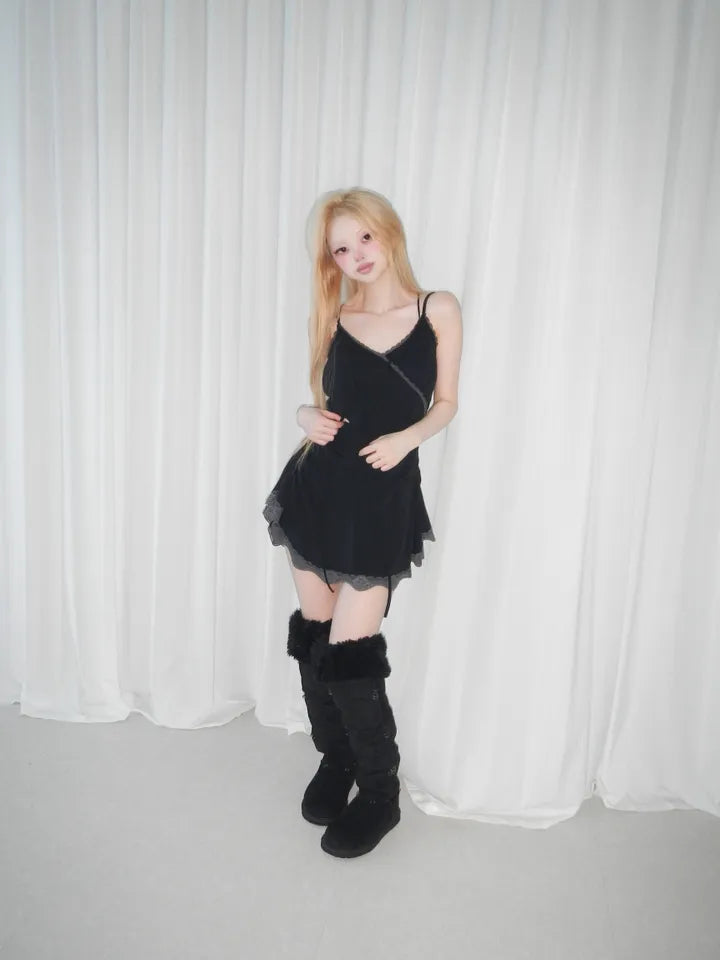 Lace拼布吊帶短裙 三色入