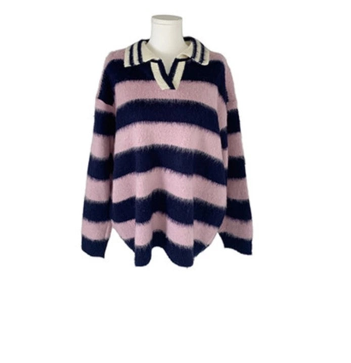 Striped Collar Brushed Knit Sweater