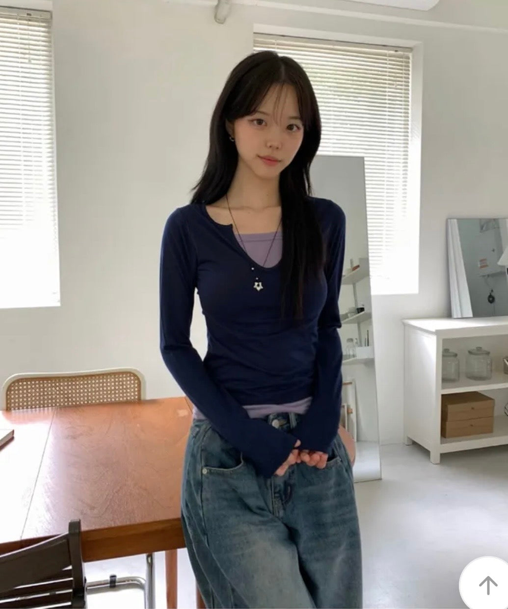 假兩件U領長袖Top 四色入