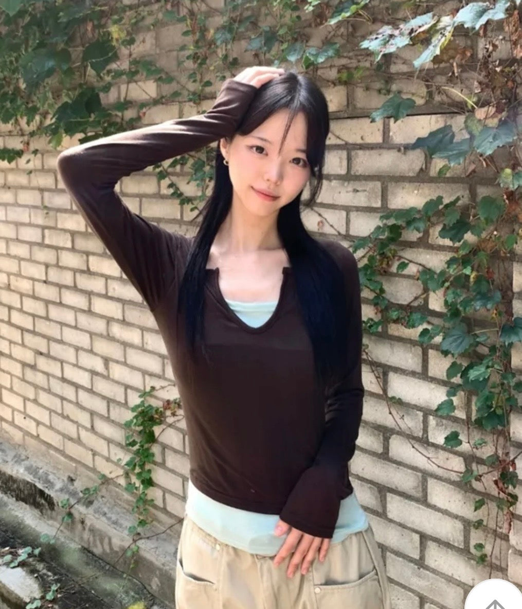 假兩件U領長袖Top 四色入