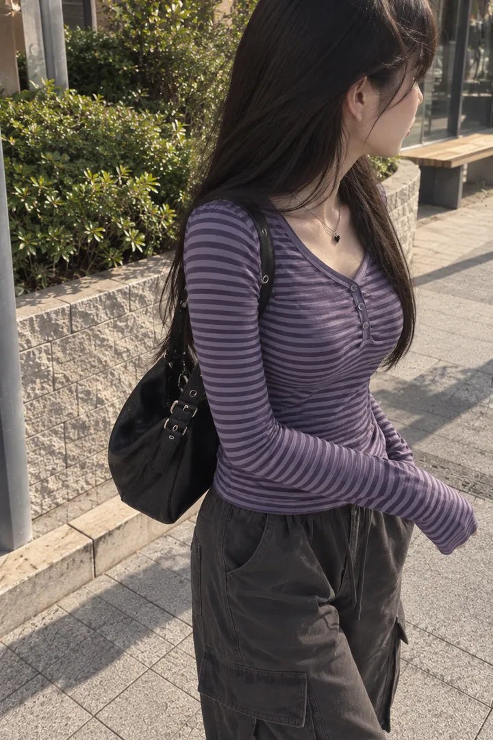 條紋V領亨利長袖Top 三色入