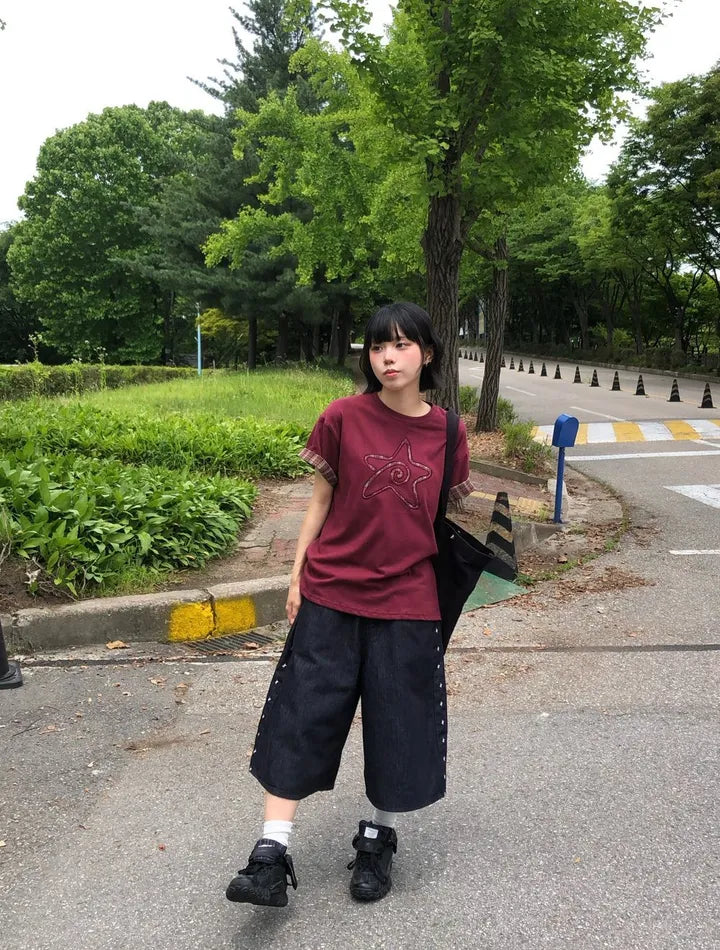 7月韓貨預訂95折಄格紋星星短袖Tee 五色入