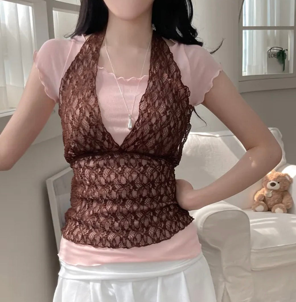 Lace V領短袖兩件set 三色入
