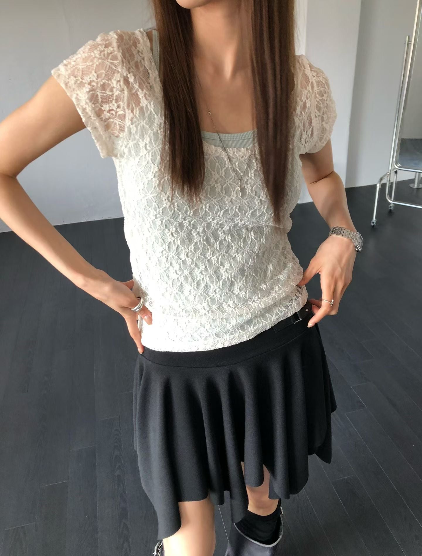 3月限定韓貨預訂95折☆ Lace短袖兩件Set 三色入