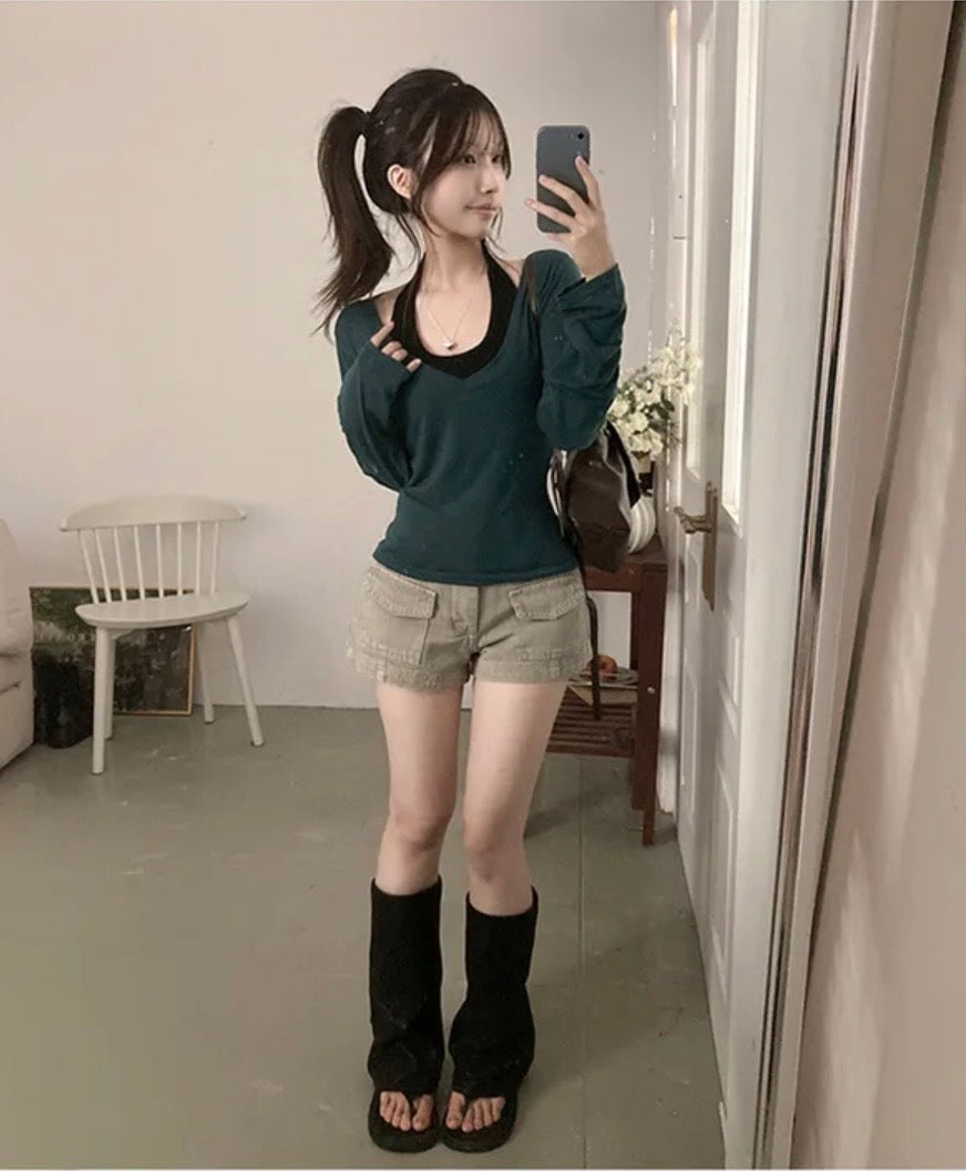 掛脖假兩件V領長袖 三色入
