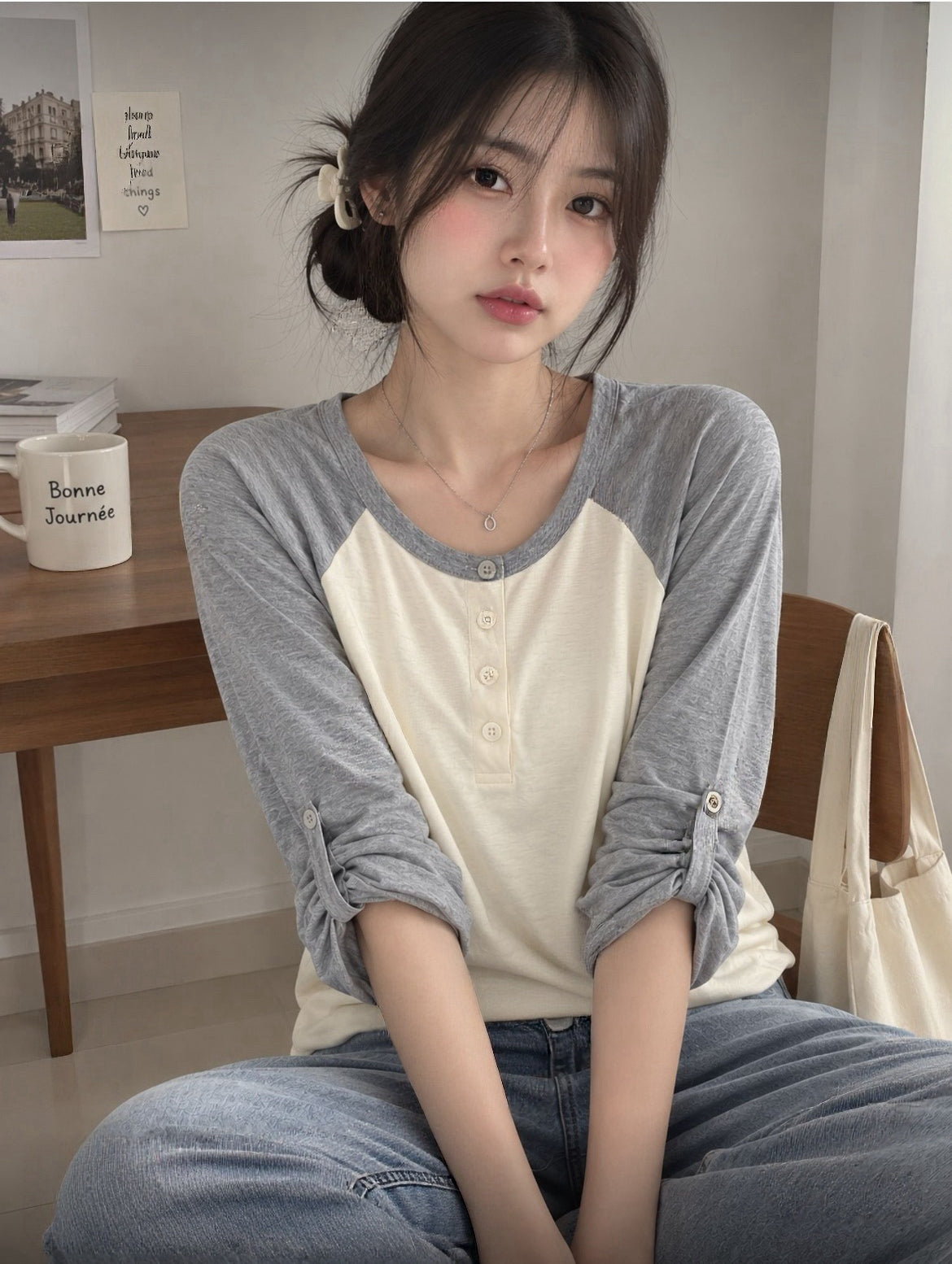 插肩鈕扣牛角Tee 四色入