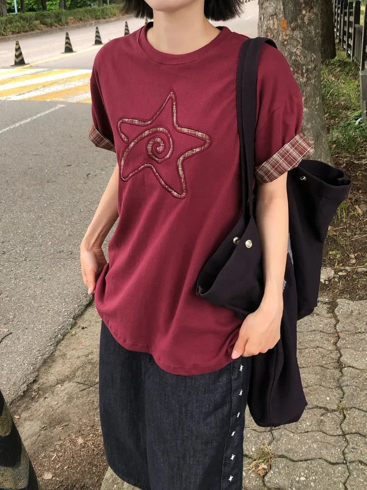 7月韓貨預訂95折಄格紋星星短袖Tee 五色入