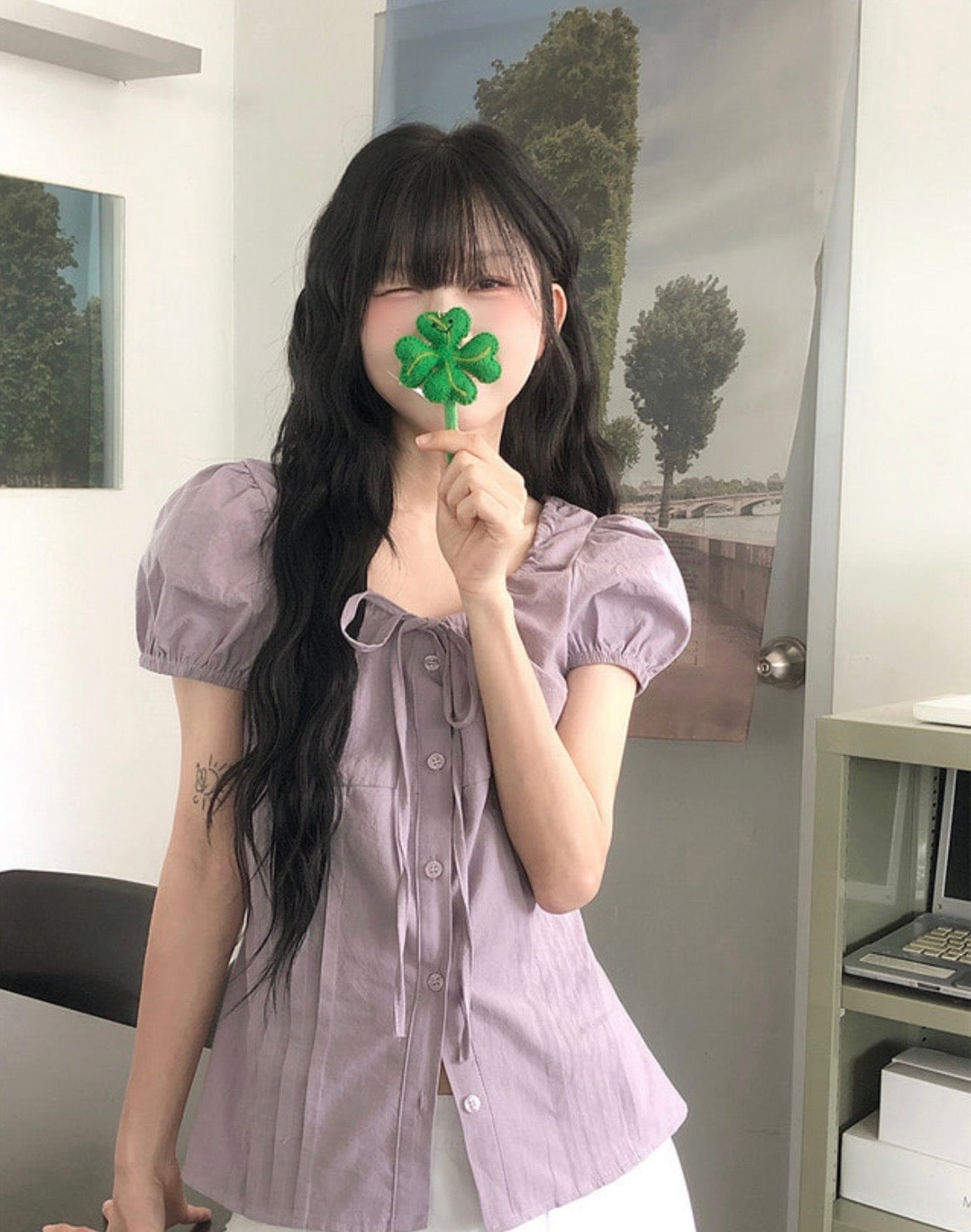 綁帶鈕扣修腰襯衫 四色入
