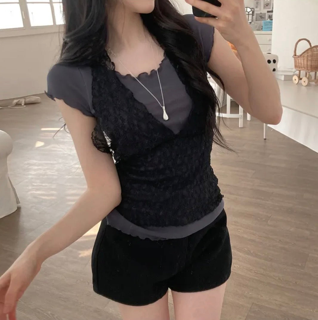 Lace V領短袖兩件set 三色入