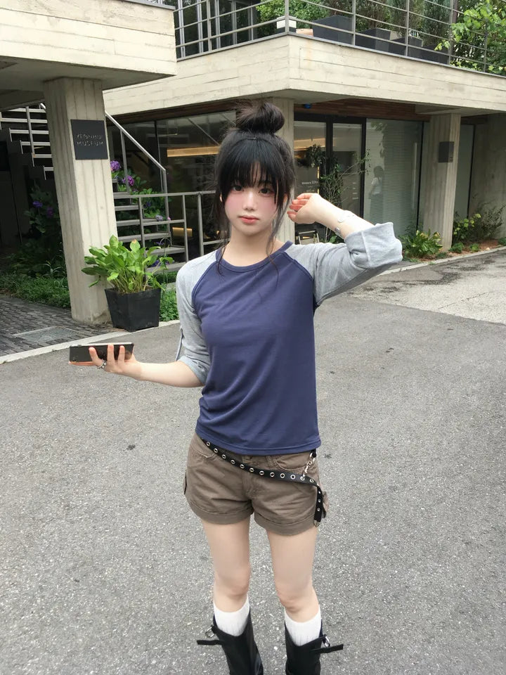 撞色插肩可捲袖T 四色入