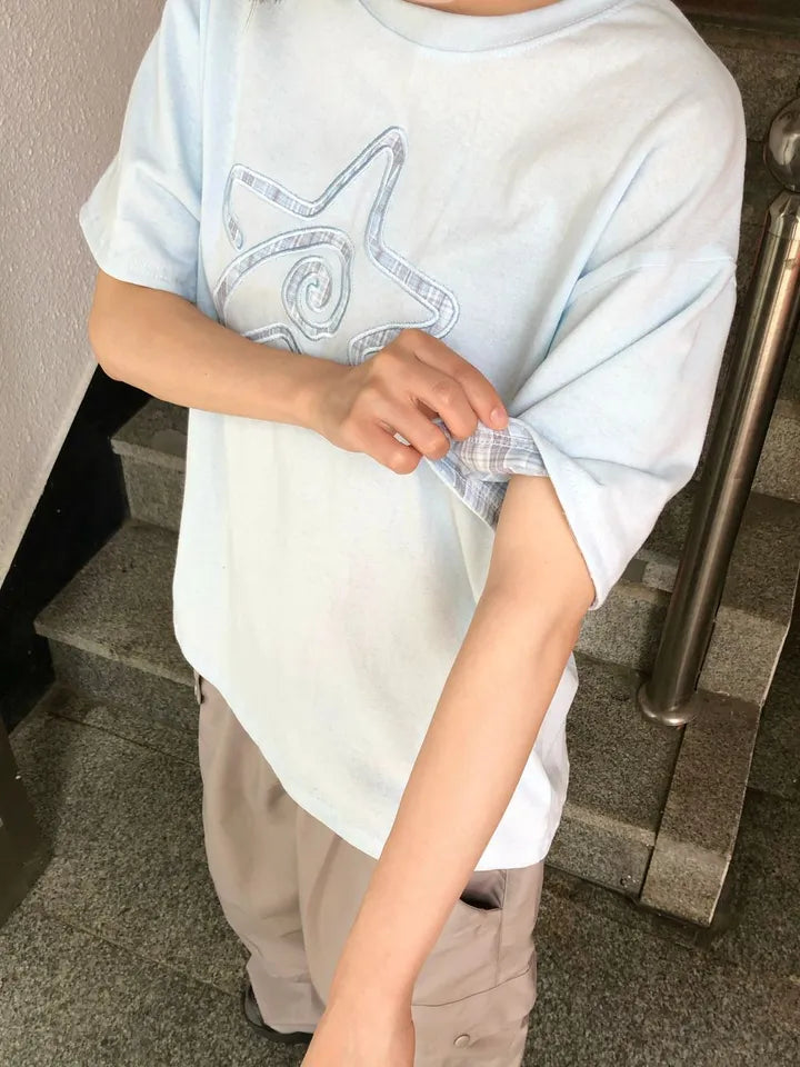 7月韓貨預訂95折಄格紋星星短袖Tee 五色入