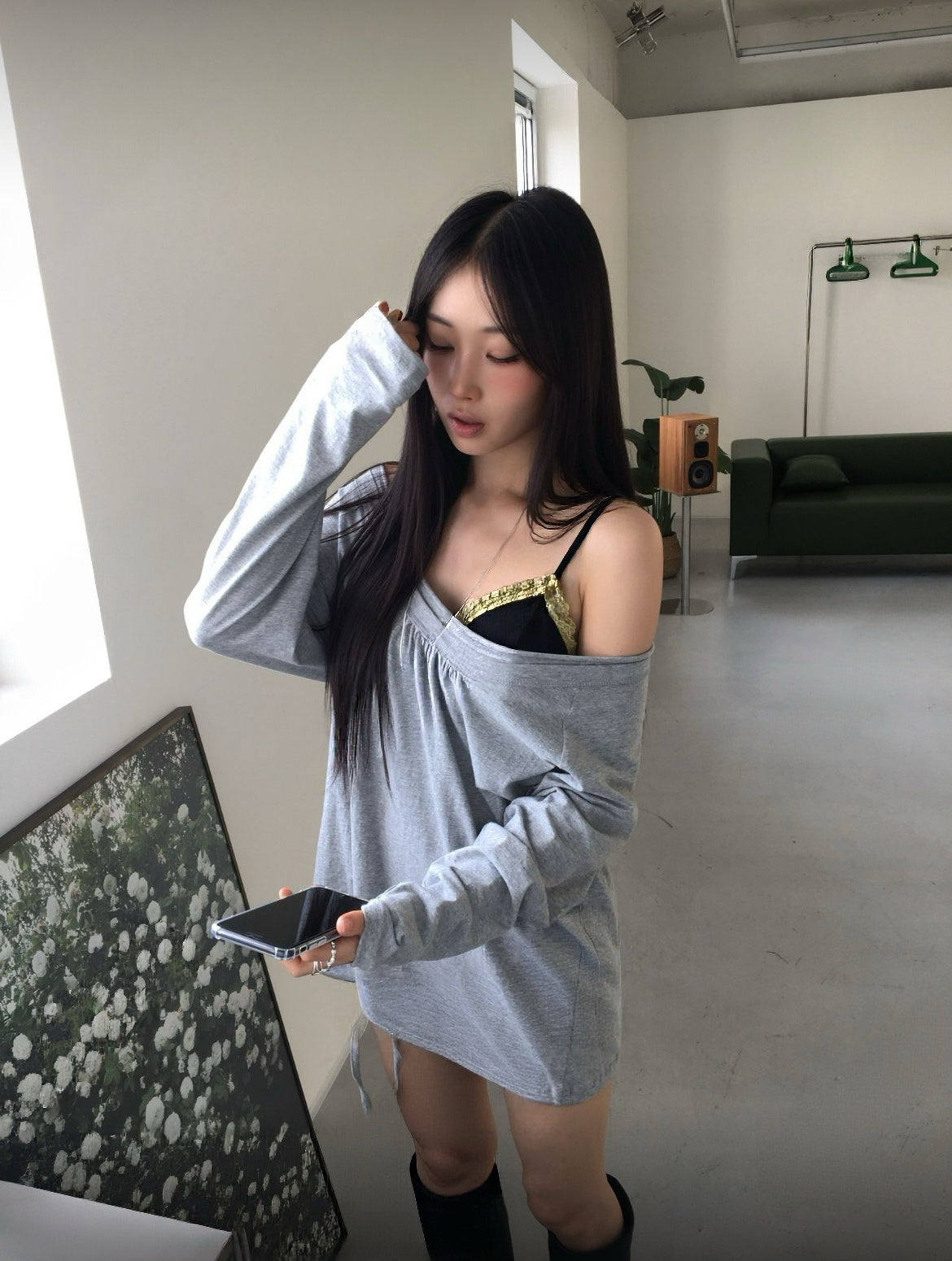 斜肩抽繩闊身長袖Top 三色入
