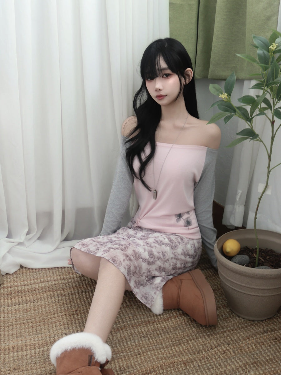 插肩水墨花長袖Top 三色入