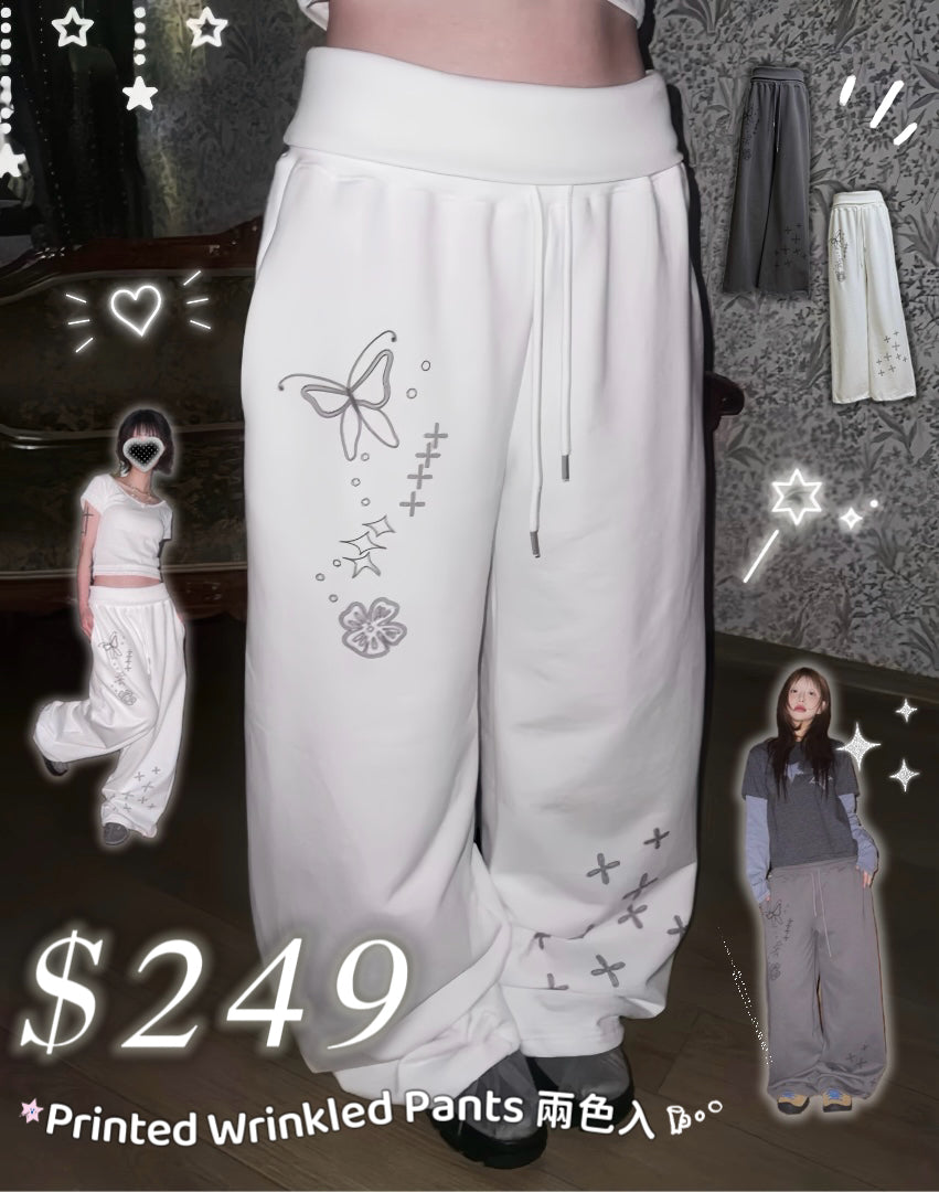 4月限定韓貨預訂95折ᢉ𐭩 Printed Wrinkled Pants 兩色入