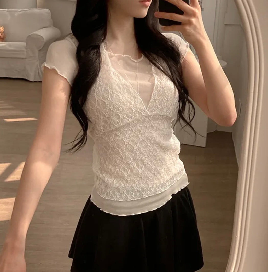 Lace V領短袖兩件set 三色入