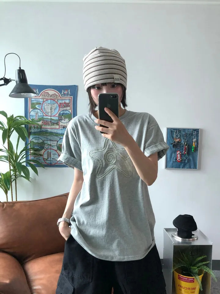 7月韓貨預訂95折಄格紋星星短袖Tee 五色入