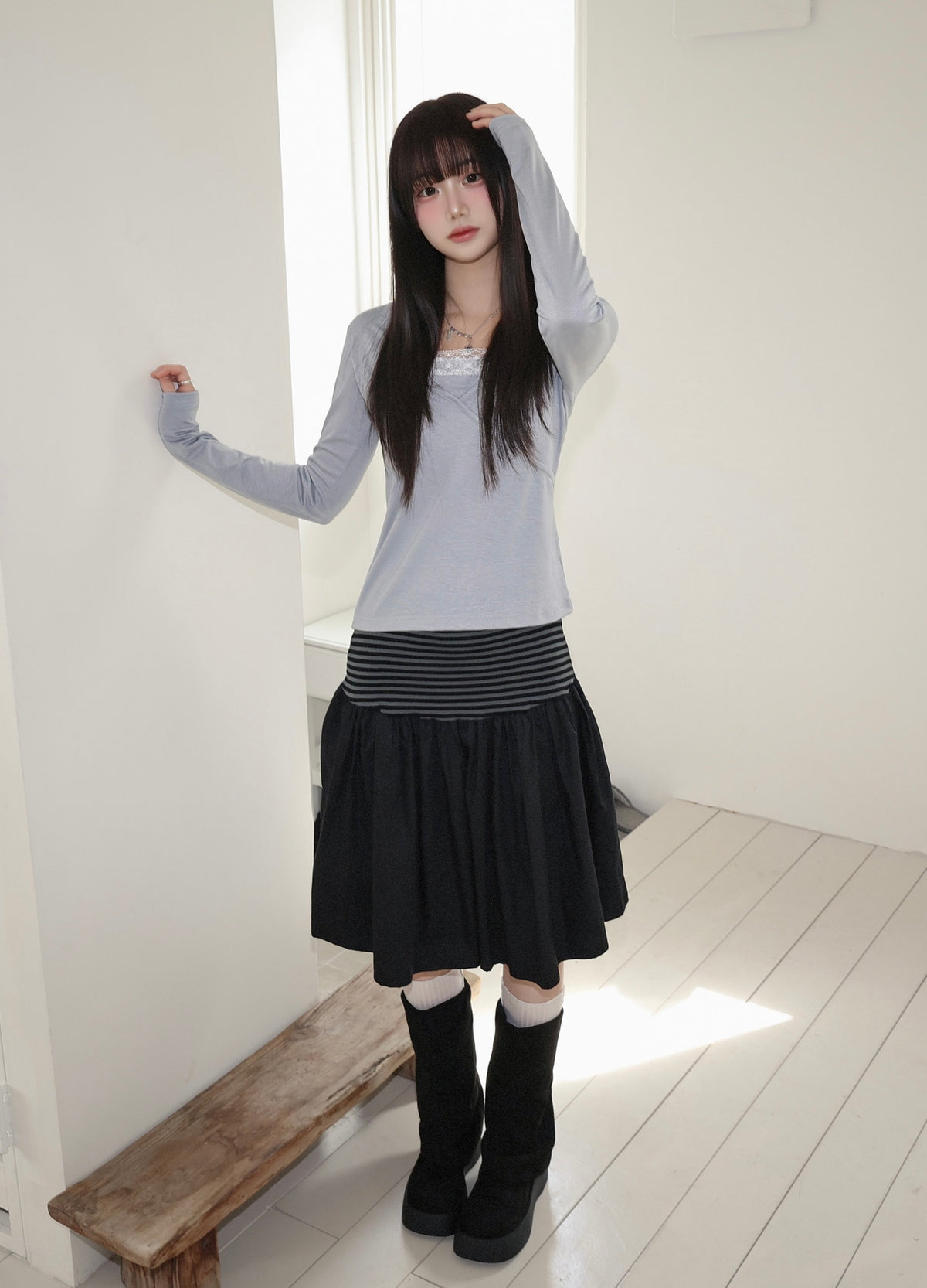 假兩件蕾絲V領長袖 四色入