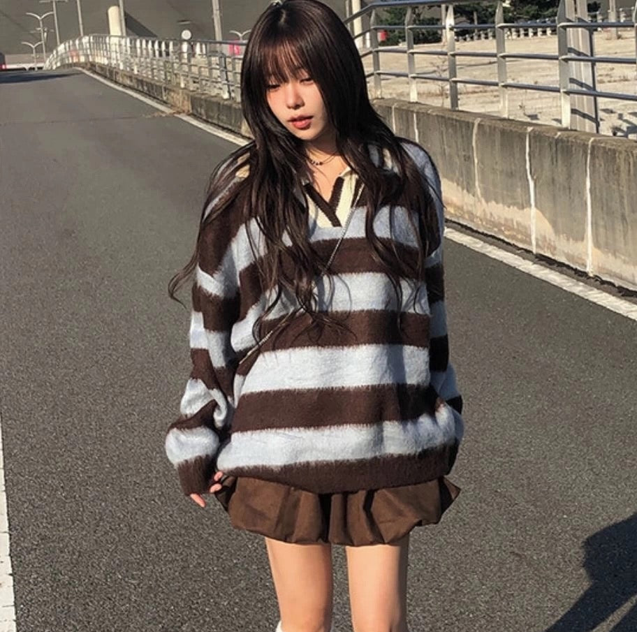 Striped Collar Brushed Knit Sweater