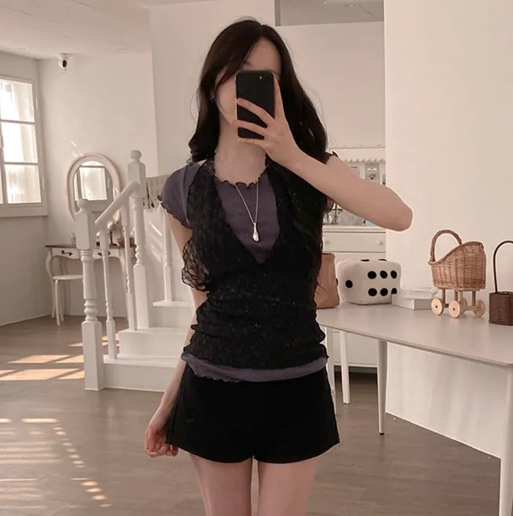 Lace V領短袖兩件set 三色入