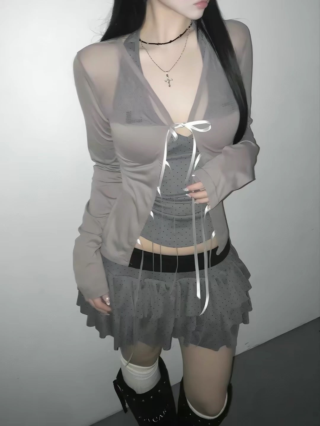 綁帶透感長袖罩衫 三色入