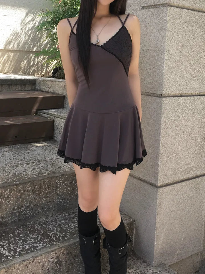 Lace拼布吊帶短裙 三色入